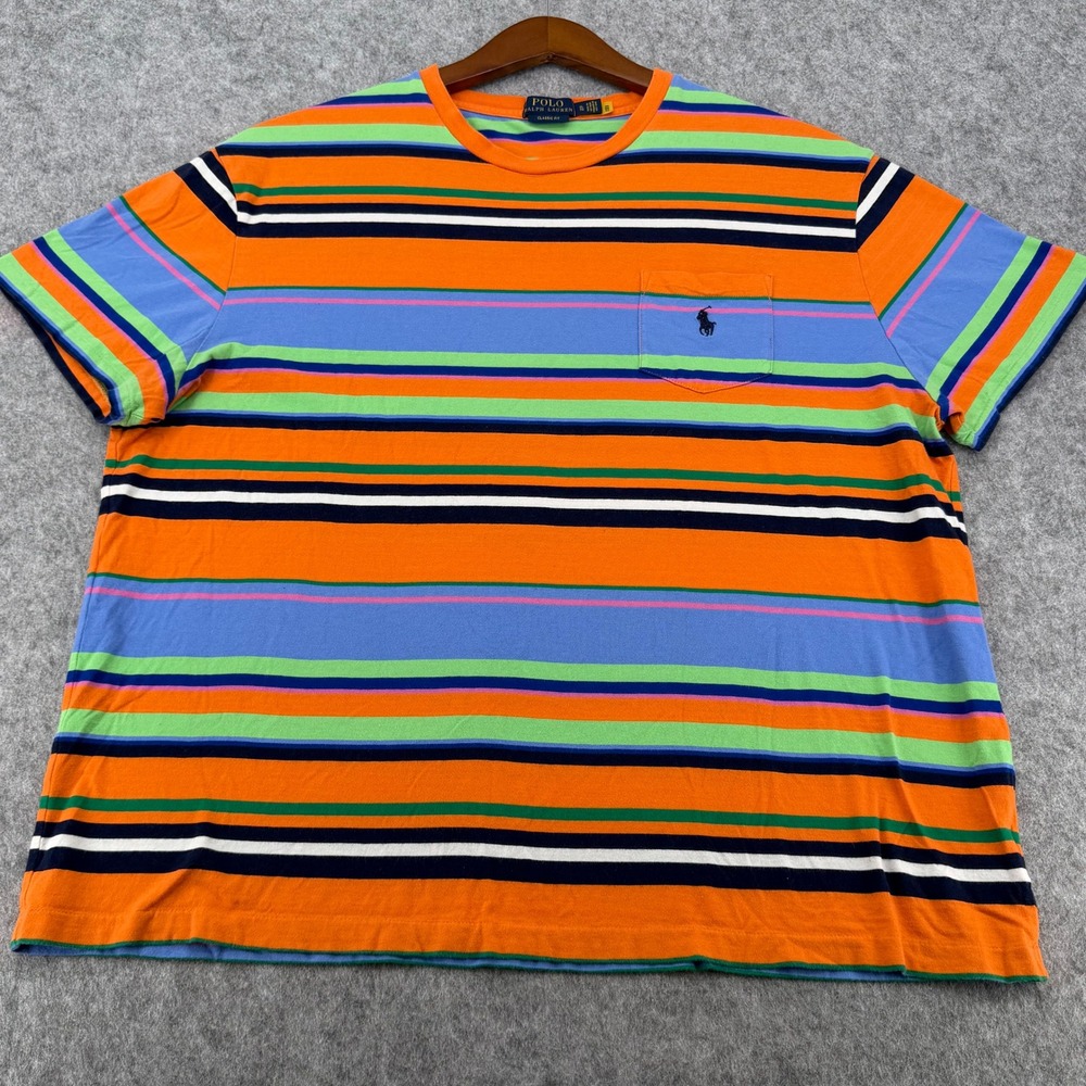 Polo Ralph Lauren Mens XL Classic Fit Striped Pocket T-Shirt Orange Blue Multi